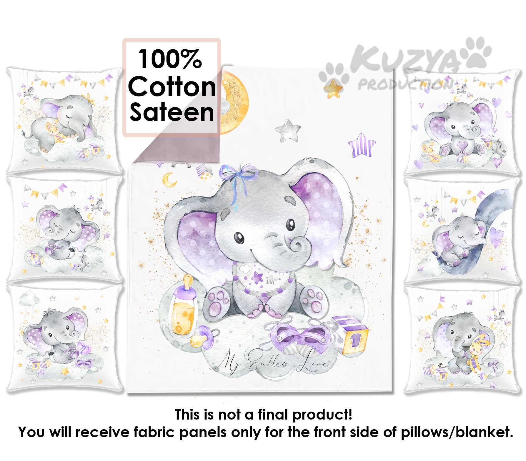 Quilting Fabric Panel Set - Cute Purple Elephant Design