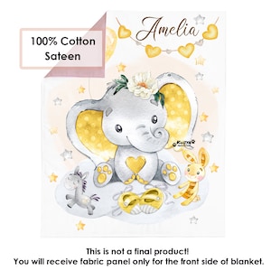 Custom name baby girl cotton fabric panel Cute yellow elephant. Blanket quilt panel. Blanket Panel for Quilting. Baby panel for quilt Sateen