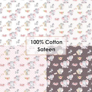 Cute Pink Elephants Cotton Fabric 1.09 yard. | Sewing fabric with elephants. | Fabric for needlework. Elephant Fabric. 100% Cotton Sateen