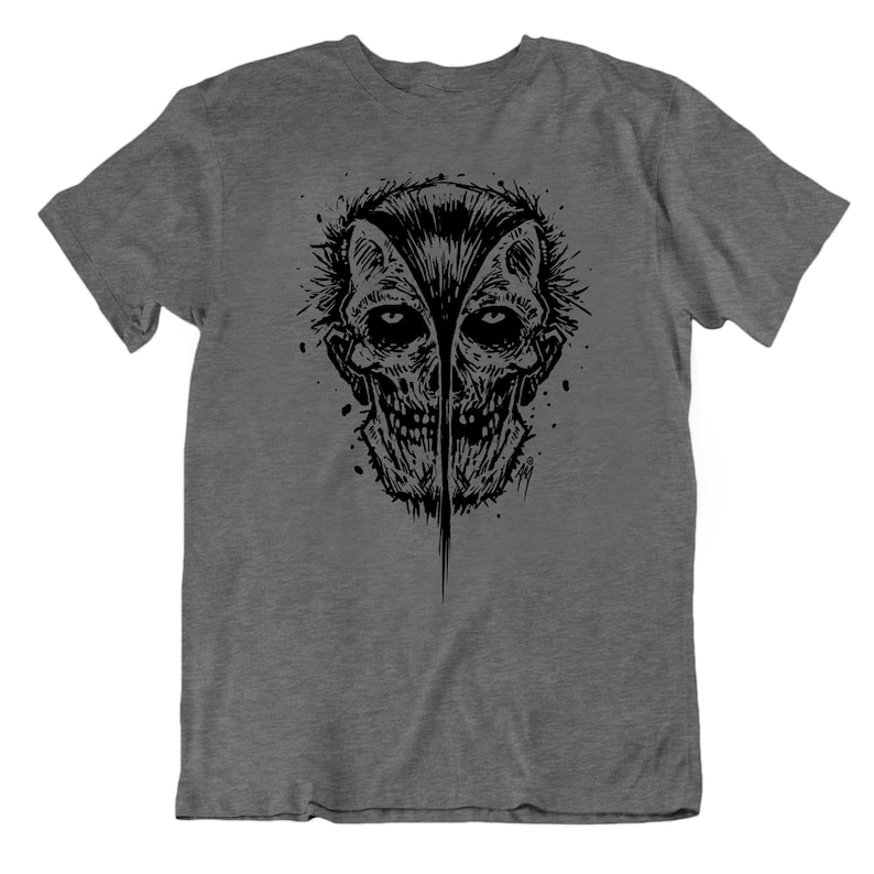 May include: A dark gray t-shirt with a black and white graphic print of a skull with a long, pointed nose and two eyes.