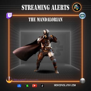 Pode incluir: Gráfico de alertas de streaming com The Mandalorian. A imagem mostra uma figura em armadura marrom e prata com uma capa preta. O texto inclui "Streaming Alerts", "The Mandalorian" e ícones de mídia social.