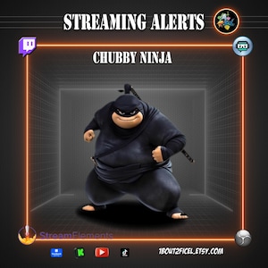 May include: A digital graphic for streaming alerts. The image features a cartoon ninja character in black attire, with the text "CHUBBY NINJA" above the character. The words "STREAMING ALERTS" are at the top. The image includes social media icons.