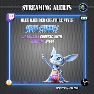 Puede incluir: Gráfico digital para alertas de transmisión, con una criatura azul con orejas grandes y una olla. El texto incluye "Streaming Alerts", "New Cheer!" y "Username cheered with amount bits!" La URL de la tienda Etsy es visible.