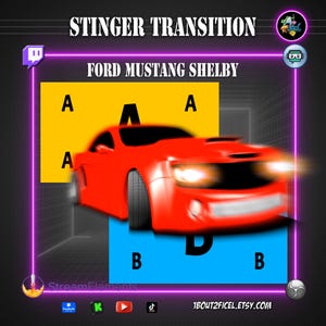 Op de afbeelding: Een digitale afbeelding met een rode Ford Mustang Shelby-auto met bewegingsonscherpte. De tekst "STINGER TRANSITION" en "FORD MUSTANG SHELBY" worden weergegeven. Het ontwerp bevat gele en blauwe rechthoeken met de letters A en B, en een paarse neonrand.