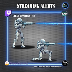 Peut inclure: Alertes de streaming dans un style de jeu de tir cybernétique. Deux figures robotiques blanches tiennent des fusils futuristes et tirent des faisceaux d'énergie bleus. Le texte "Streaming Alerts" est en haut de l'image. Le texte "Cyber Shooter Style" est sous l'image du premier robot. Le texte "StreamElements" est en bas à gauche de l'image. Le texte "https://www.etsy.com/fr/shop/1BOUT2FICEL" est en bas à droite de l'image.