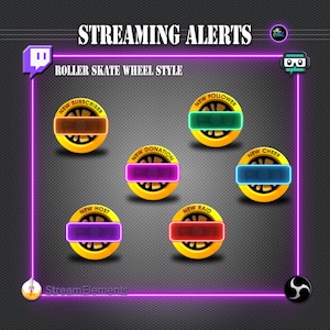 Peut inclure: Alertes de streaming pour Twitch, YouTube et autres plateformes. Les alertes sont conçues dans un style de roue de patin à roulettes avec des couleurs différentes pour chaque type d'alerte. Les types d'alertes incluent : Nouvel abonné, Nouvel hôte, Nouveau don, Nouveau follower, Nouveau raid et Nouveau cheer.