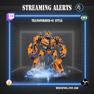 Transformador de alertas animadas en streaming: paquete de 8 animaciones WebM para Twitch y OBS: transmisión con superposición de robot futurista