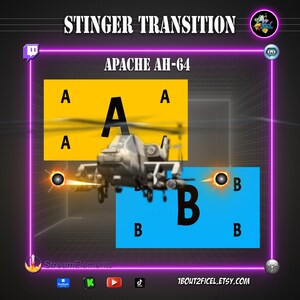 May include: A digital graphic with the text "STINGER TRANSITION" and "APACHE AH-64". The image features a stylized helicopter, letter blocks, and a glowing purple frame. The Etsy shop URL is visible at the bottom.