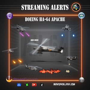 Apache Ah-64 - hélicoptère 3d - Alerte de streaming Armée USA - Alertes de Streaming patriote | Overlay Hélicoptère Twitch OBS WebM