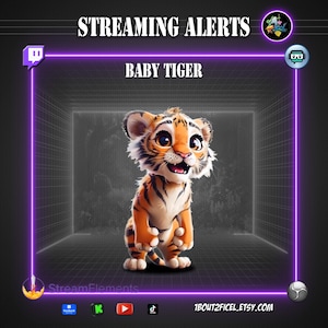 Op de afbeelding: Een digitale afbeelding met een cartoon babytijger met oranje en zwarte strepen, tegen een donkergrijze achtergrond. De tekst "STREAMING ALERTS" en "BABY TIGER" staan boven de tijger. Een paarse lijst omringt de afbeelding.