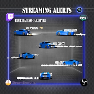 Alerte de streaming - voiture de course bleue - voiture 3d - compatible streamlab streamelements kick obs youtube facebook