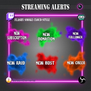 Peut inclure: Un graphique montrant différents types d'alertes de streaming avec un style de nuage de fumée flashy. Les alertes incluent une nouvelle inscription, un nouveau don, un nouveau follower, un nouveau raid, un nouveau host et un nouveau cheer.