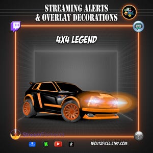 May include: A black and orange car with the text "4x4 LEGEND" and "STREAMING ALERTS & OVERLAY DECORATIONS". The car has orange wheels and headlights, set against a dark gray background with an orange border.