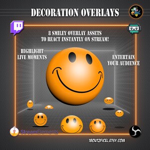Può includere: Una pubblicità per overlay decorativi con una grande faccina sorridente arancione e faccine più piccole. Il testo include "Decoration Overlays", "8 Smiley Overlay Assets", "Highlight Live Moments" e "Entertain Your Audience". È incluso anche il nome del negozio Etsy.