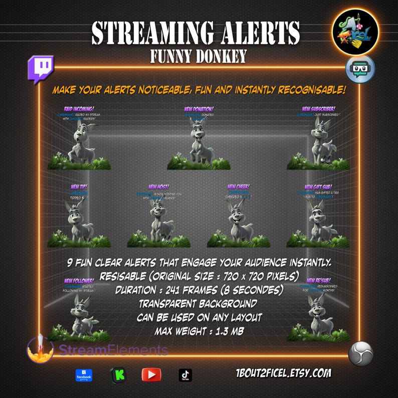 Cartoon Donkey Animated Streaming Overlay / 9 Alerts + 1 Looping ...