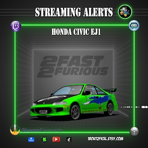 May include: A digital graphic featuring a green Honda Civic EJ1 from the movie 2 Fast 2 Furious. The car has a black hood and blue accents. The words "STREAMING ALERTS" and "2 FAST 2 FURIOUS" are displayed.