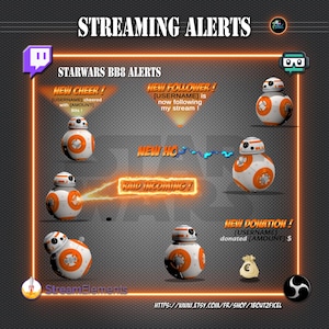Peut inclure: Graphique numérique avec des alertes Star Wars BB8 pour le streaming. Le design comprend des droïdes BB8 orange et blancs avec des superpositions de texte pour les nouveaux encouragements, les abonnés, les raids et les dons. Le fond est gris foncé avec un bord orange.