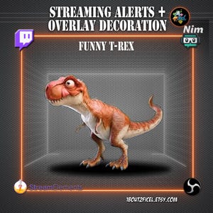 Alertas de transmisión de T-Rex .WEBM + decoraciones superpuestas animadas | Paquete de animaciones de transmisión Twitch YouTube Kick