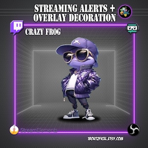 Alertas de streaming + Decoração Crazy Frog – Animação, Roxo, Pacote para Streamers VTubers no Twitch e YouTube