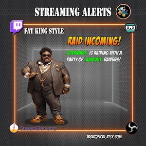 Animated Twitch Alerts "Fat King" Pack — OBS / StreamElements / Streamlabs Overlay — 7 WEBM Alerts + 2 Extra Animations
