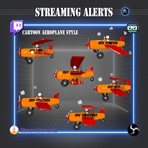 Paquete de alertas de transmisión de aviones de dibujos animados: 6 animaciones. WEBM Follower Sub Raid Donation Cheer Host – Overlay Twitch OBS Streamlabs