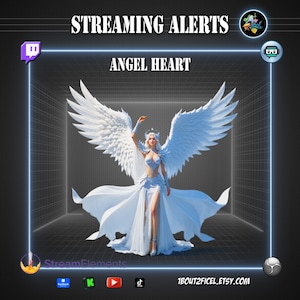 Op de afbeelding: Digitale kunst met een vrouw met grote witte vleugels, gekleed in een witte jurk en kroon. De tekst "STREAMING ALERTS" en "ANGEL HEART" worden boven de figuur weergegeven. Social media-iconen en de Etsy shop URL staan onderaan.