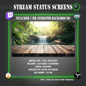 Peut inclure: Un arrière-plan animé numérique pour le streaming, représentant une cascade dans un décor de jungle verdoyante. L'arrière-plan est de 1920 x 1080 pixels et comprend 449 images, soit 15 secondes d'animation en boucle. Le texte, l'eau et le feuillage animés ont une taille de fichier maximale de 10,5 Mo.
