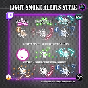 Könnte beinhalten: Ein Satz von 12 animierten Webm-Stream-Benachrichtigungen mit leichten Raucheffekten in verschiedenen Farben. Die Benachrichtigungen enthalten Text wie "New Cheer!" und "New Donation!" sowie textlose Benachrichtigungen zur Anpassung.