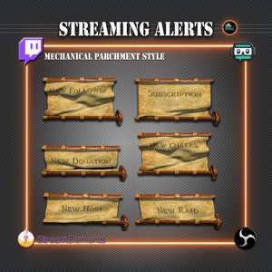 Streaming alerts - Parchment with wooden frame - Mechanical system - Medieval style - animated