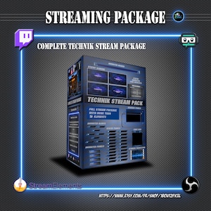 Peut inclure: Une maquette de boîte 3D d'un pack de streaming pour Twitch, avec un schéma de couleurs bleu et gris, avec le texte "TECHNIK STREAM PACK" et "FULL STREAM PACKAGE WITH MORE THAN 50 ELEMENTS".