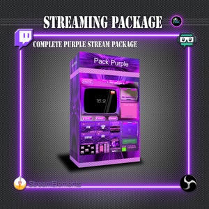 Compleet pakket overlays voor streaming, inclusief waarschuwingen, subbadges, panelen, geanimeerde camera-overlays - paars.