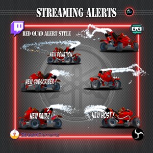 Peut inclure: Cinq alertes animées pour les flux Twitch, mettant en scène un quad rouge avec des traînées de fumée blanche. Les alertes sont pour les nouveaux dons, les nouveaux abonnés, les nouveaux raids et les nouveaux hôtes.
