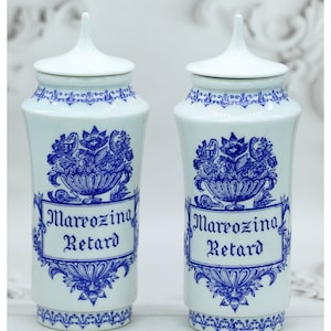 Pair Apothecary Pharmacy Jars With Lids, Chemist Apothecary Decor, Blue White Porcelain Chemist Jars, Blue Wite Decor