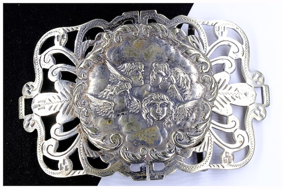 Victorian Silver Plated Cherub Belt Buckle: Repousse Nurse Jewelry