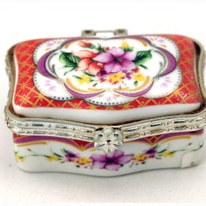 Vintage Floral Porcelain Trinket Box Pill Box Keepsake Box With Lid and Ornate Floral and Metal Decor, Collectible Trinket Box