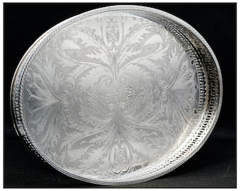 Falstaff English Silver Plated Chased Pierced Gallery Oval Tray, SIlver Plated Butlers Tray, Silver Plated Display Tray