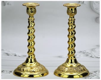 Gold Cast Brass Candlestick Holders Pair Antique Hollywood  display picture 1