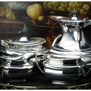 Vintage Sheffield Silver Plated Tea & Coffee Set Four Piece With Bakelite Handles And Finials Ornate Tea Ware, Fine Dining Tea Coffee Set