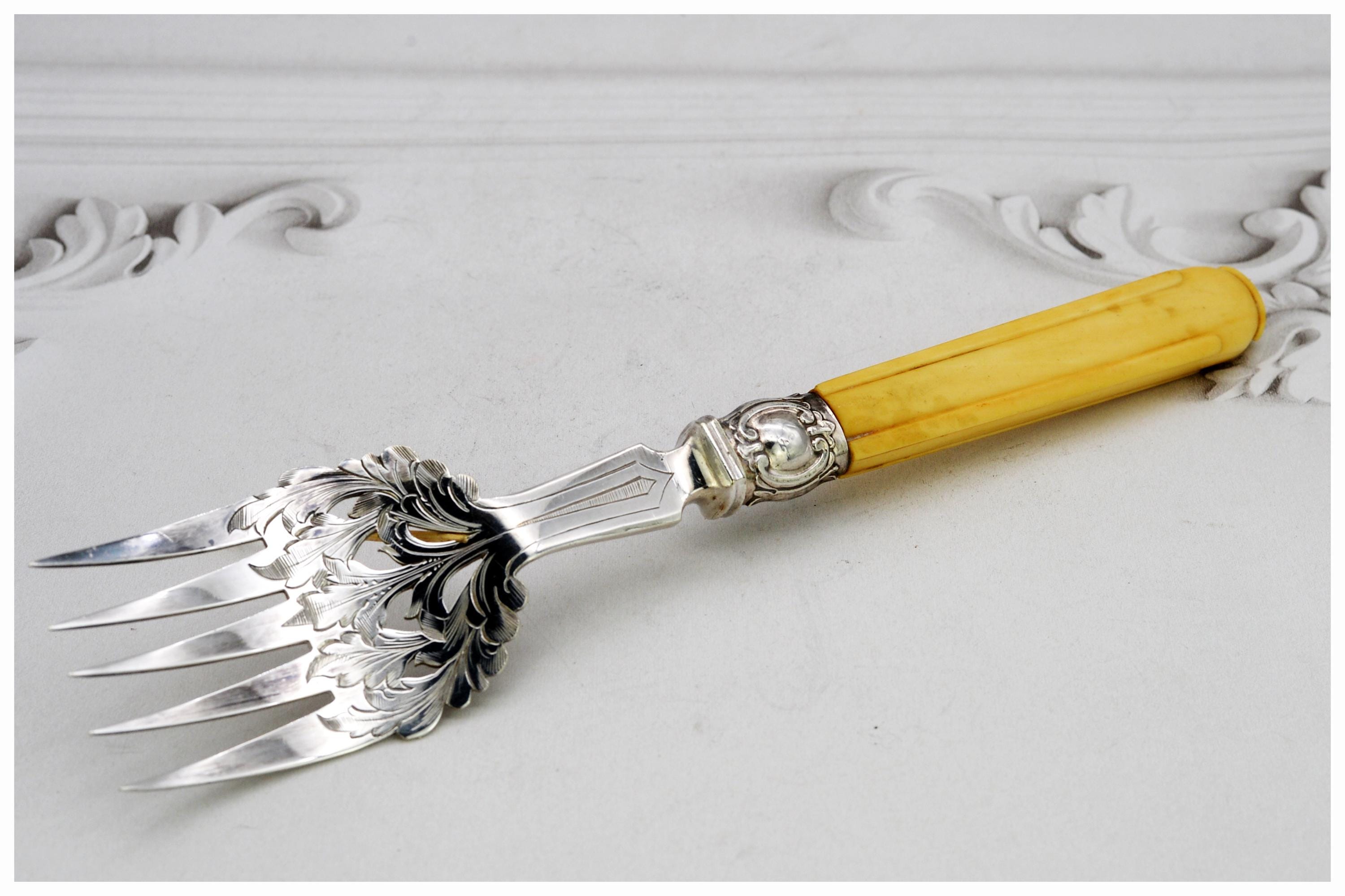 Stunning Antique French Fish Serving Fork With Chased Acanthus Decor, Ornate Serving Ware