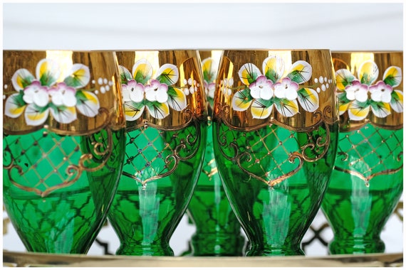 Set Five Bohemian Czech Izabela Green Water Glasses - Etsy