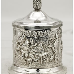 Engraved Silver Plated Tea Caddy: Hendrik Hooijkaas Dutch Village Scene