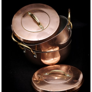 Vintage Copper Lidded Pots: Rustic Kitchen Decor, Copper Cookware Pair