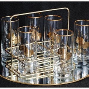 Mid Century Blattgold Gläser mit Halter: Retro Bar Set