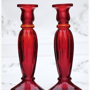 Large Ruby Glass Fluted Candlesticks, Red Glass Candle Holders, Christmas Decor Candlesticks 23.5 cms