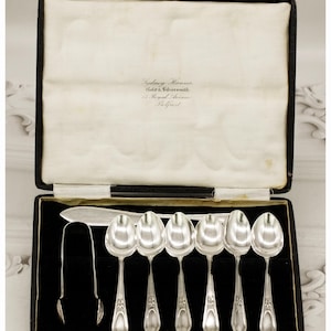 Antique Silver Plated Teaspoons And Tongs Set Davis & Sons Glasgow, Art Nouveau Fine Dining Silver Ware
