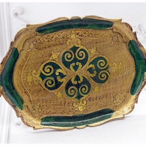 Florentine Tray Vintage, Rectangular Serving Tray, Italian Venetian Decor, Bar Tray, Dresser Tray, Wooden Tray, Vanity Tray, Green Gold Tray