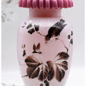 Antique English Bristol Glass Pink Ruffle-Neck Vase With Handpainted Birds, Victorian Glass Vase, 19th Century Antique Glass Handblown