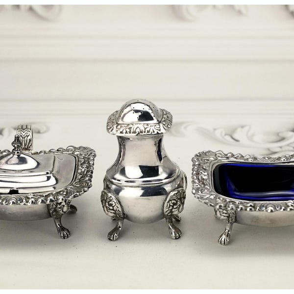 Vintage Sheffield Silver Plated Condiment Set: Lion Paw Feet, Bristol Glass