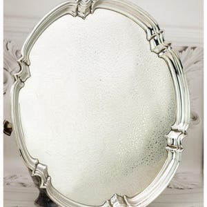 Antique Silver Plated Scalloped Edged Salver Serving Tray On Feet, T Bros EPNS Mark, Ornate Table Ware, Formal Dining Ware 35 cms