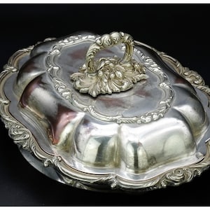 Antique 19th Century Silver Plated Copper Serving Tureen – Ornate Design, Antique Ornate Serving Bowl, Victorian Plated Two-Section Tureen